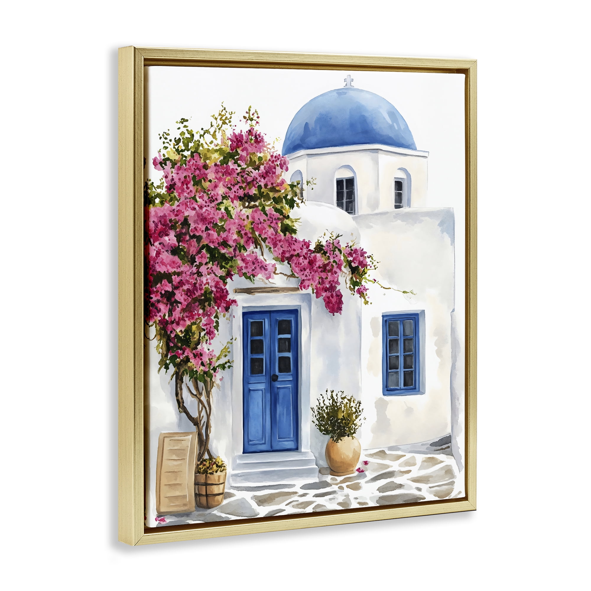Stupell Industries Santorini House with Bougainvillea Gold Framed Floater Canvas Wall Art, design by LSR Design Studio
