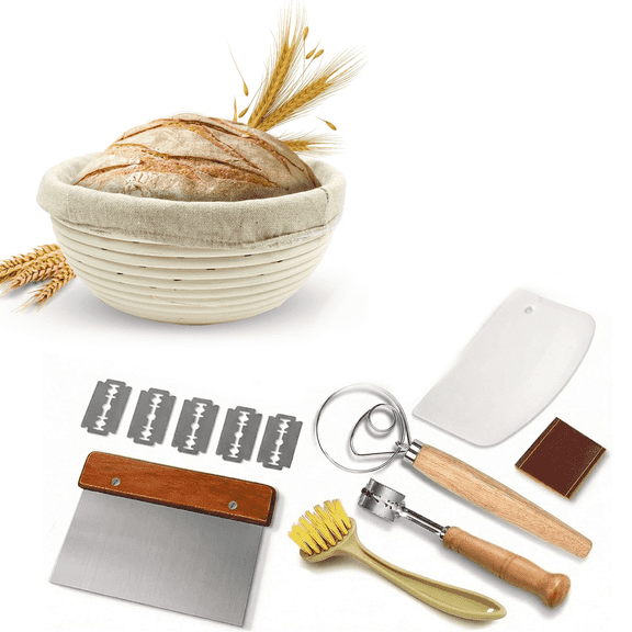 9 Inch Round Sourdough Proofing Basket, 7 Piece Complete Starter Kit with Linen Liner and Baking Tools, Bread Baking Supplies and Accessories Gift Set