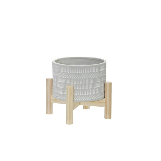 Sagebrook Home 6" Ceramic Tribal Planter W/ Wood Stand, Beige