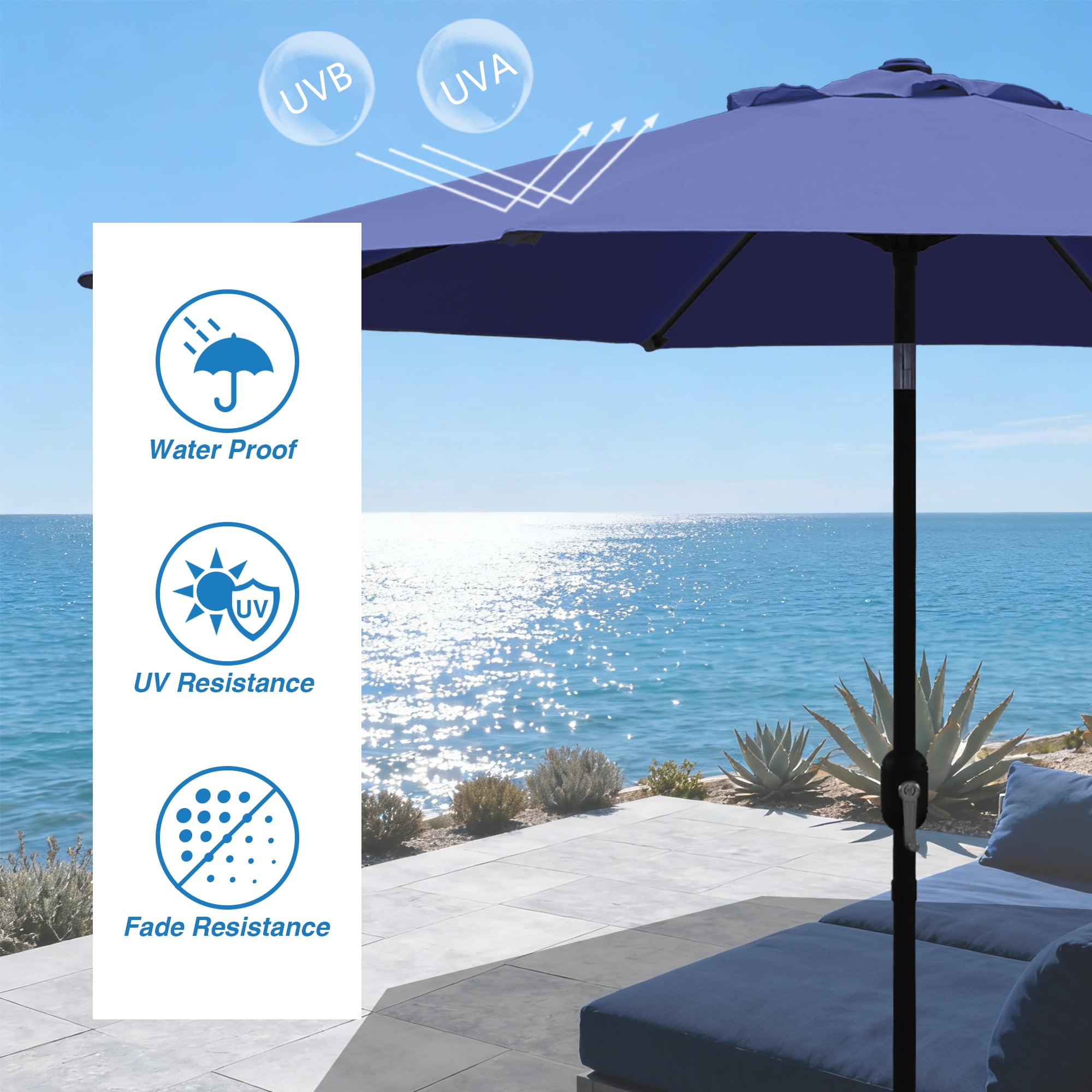 Abble Outdoor 9ft Patio Umbrella with Crank Handle and Push Button Tilt, Outdoor Market Umbrella with 8 Ribs for Garden, Deck, Backyard, Pool, Navy Blue