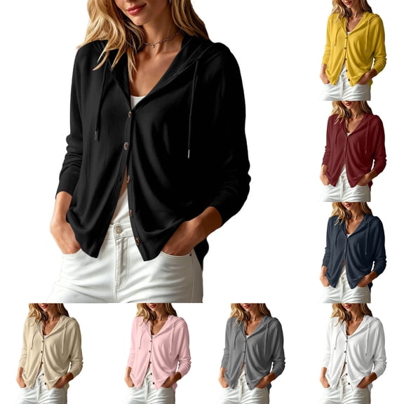 Women's Hooded Cardigan Button Down Long Sleeve Lightweight Knit Sweater Open Front Casual Daily Wear Tops