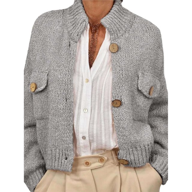 Chaquetas Tipo Suéter con Botones para Mujer, de Moda, con Cuello Alto, Larga, Holgadas, de Punto Grueso, Abrigos para Exteriores. Gris S