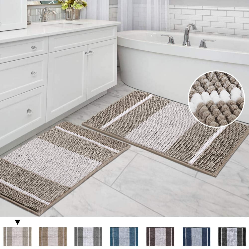 Non Slip Shaggy Striped Chenille Soft Microfibers Bathroom Rug with Water Absorbent, Ultra Soft