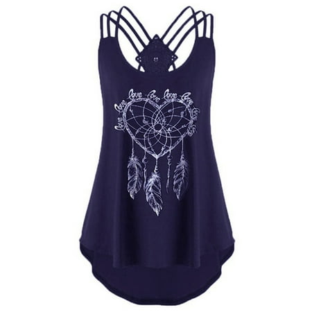Plus Size Women Summer High Low Sleeveless Vest Tank T Shirt Blouse Floral Print Lace Up Bandage Casual Tops S-5XL Navy US=16 / XXL