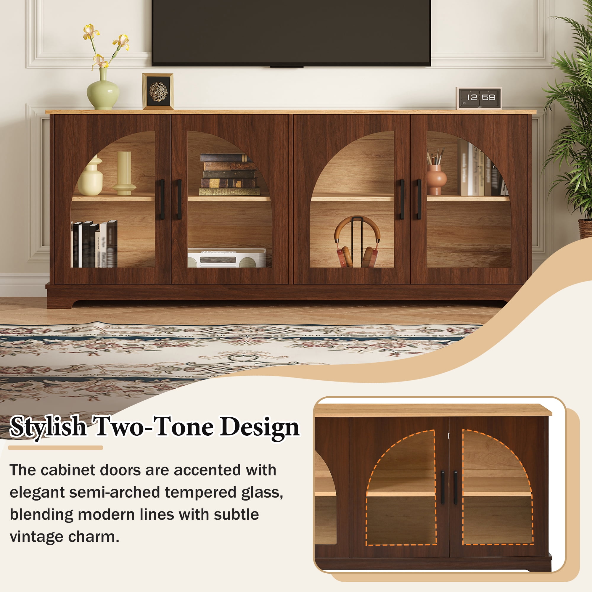 Miniyam Farmhouse TV Stand for TVs up to 70″ - Semi-Arched Glass Door Media Console with Adjustable Shelves & Cable Management, Walnut