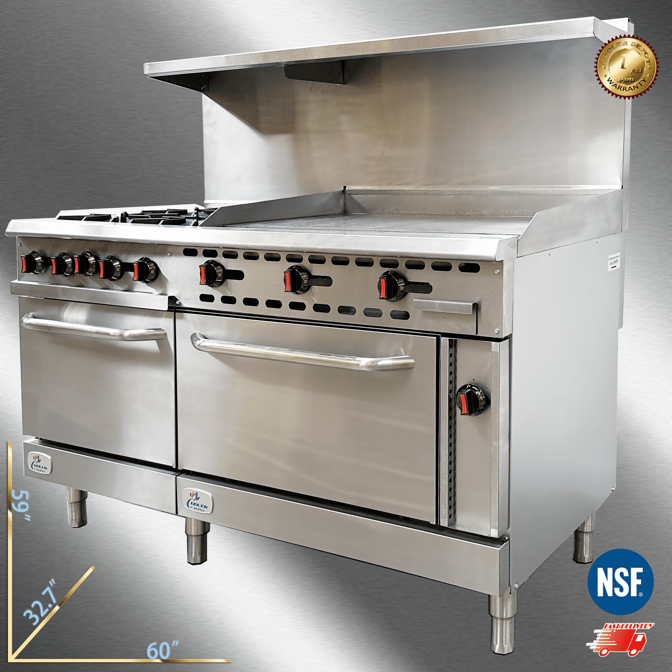 Cooler Depot NSF 60" Commercial Dual-Fuel Range with Charbroiler & Griddle, 9.5 cu ft Oven, Model CD-R4-36G