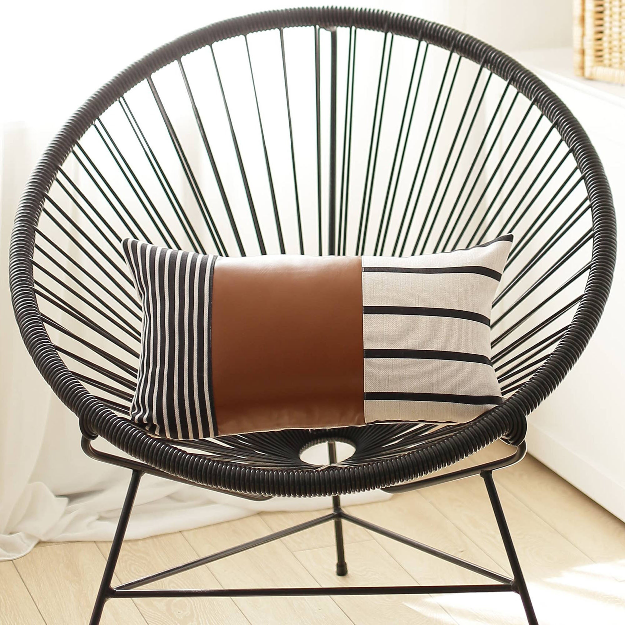 Bohemian Brown and Ivory Faux Leather Lumbar Pillow 12" x 20"
