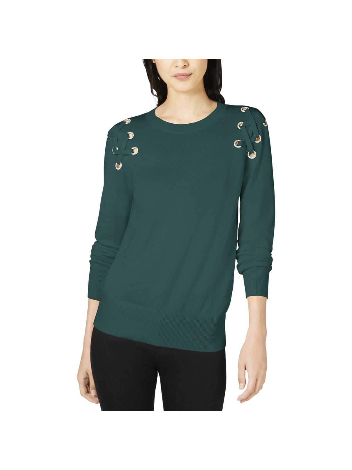 MICHAEL Michael Kors Womens Lace-Up Crewneck Pullover Sweater Green M -  