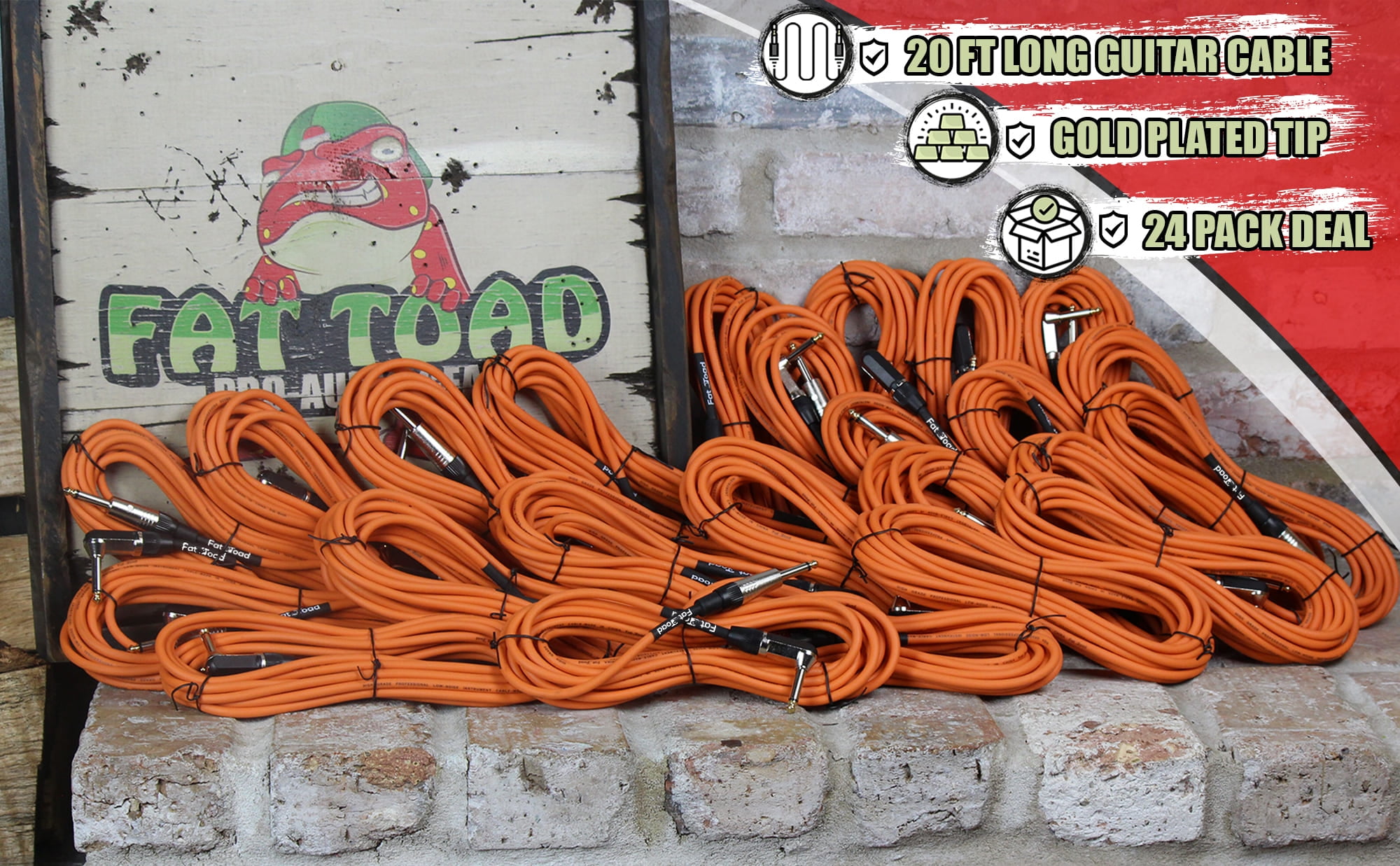Right-Angled Guitar Cables (24-Pack) by FAT TOAD | 20FT 1/4-Inch Straight-End 24GA Instrument Cords for Electric Guitar, Bass, Pedal, Keyboard, Speaker Amplifier & Studio Recording
