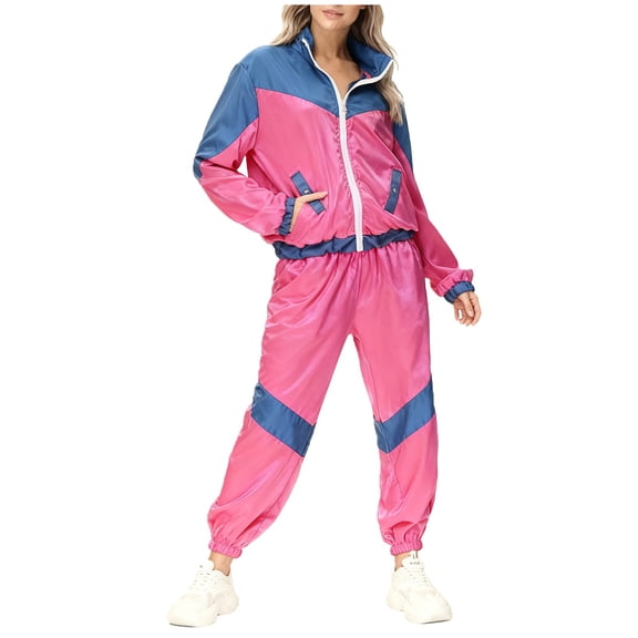 FYEGRE Groovy Disco Two Piece Performance Jacket And Trousers 80s Track Suit Women Set 80s 90s Outfit Windbreaker Retro Color Block Sportswear Set With Jacket Sweatpants Hot Pink M
