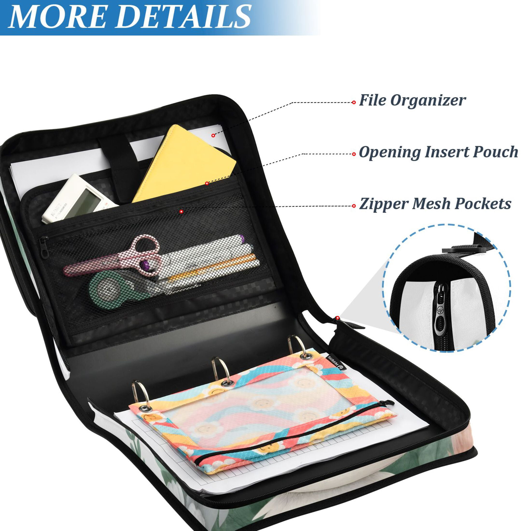 3 Ring Zipper Binder with Shoulder Strap Waterproof Trapper Keeper 2 Inch D-Ring 500 Sheets Capacity Cute Fox in Floral Bouquet