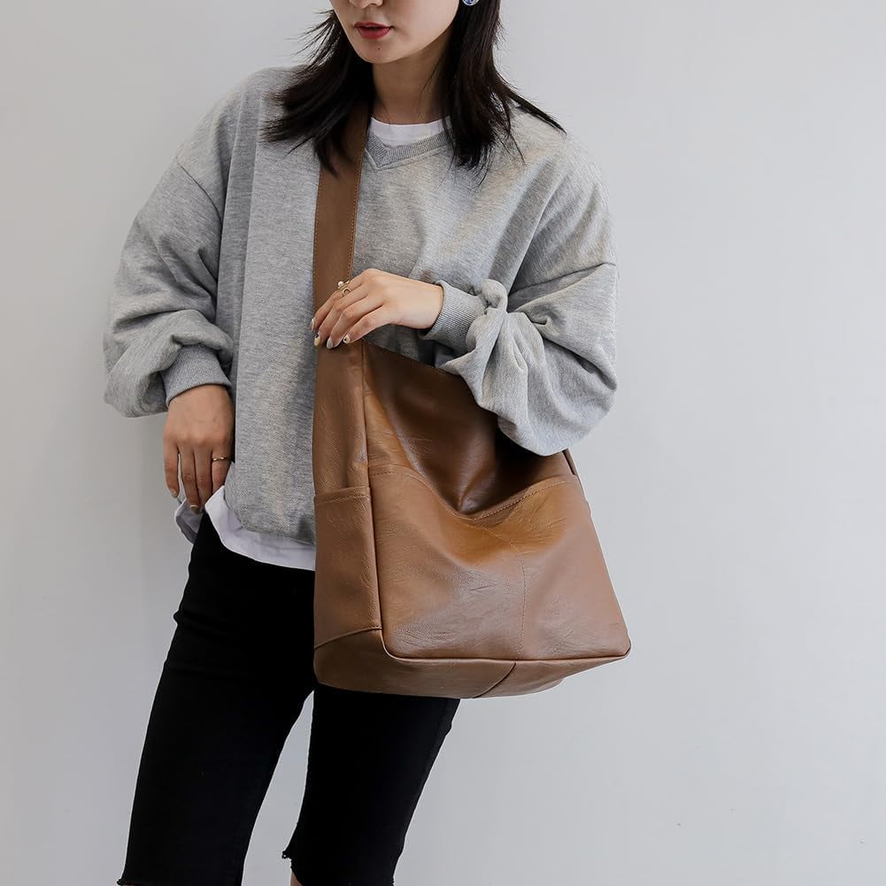 Kukuzhu Faux Leather Tote Bag with Pockets Women Shoulder Bag College Tote Bag Hobo Crossbody Bag for Work Travel