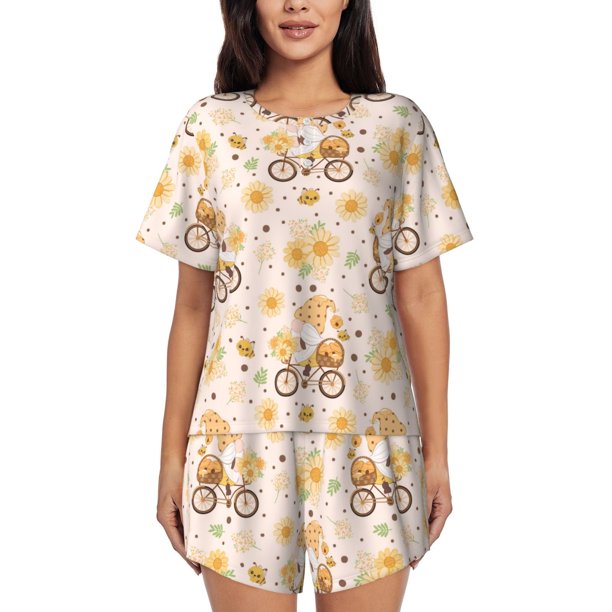Balery Cute Bee Gnome Conjunto de Pijama para Mujer con Estampado, Dos Piezas de Manga Corta y Shorts, Ropa de Dormir Suave con Cuello Redondo y Bolsillos-4X-Large