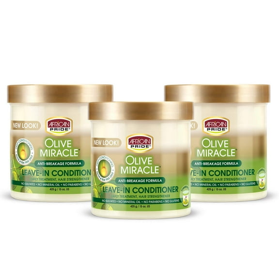 African Pride Olive Miracle Leave In Conditioner Creme (3 Pack), enriched with olive and tea tree oil to protect and condition scalp and hair, 15oz.