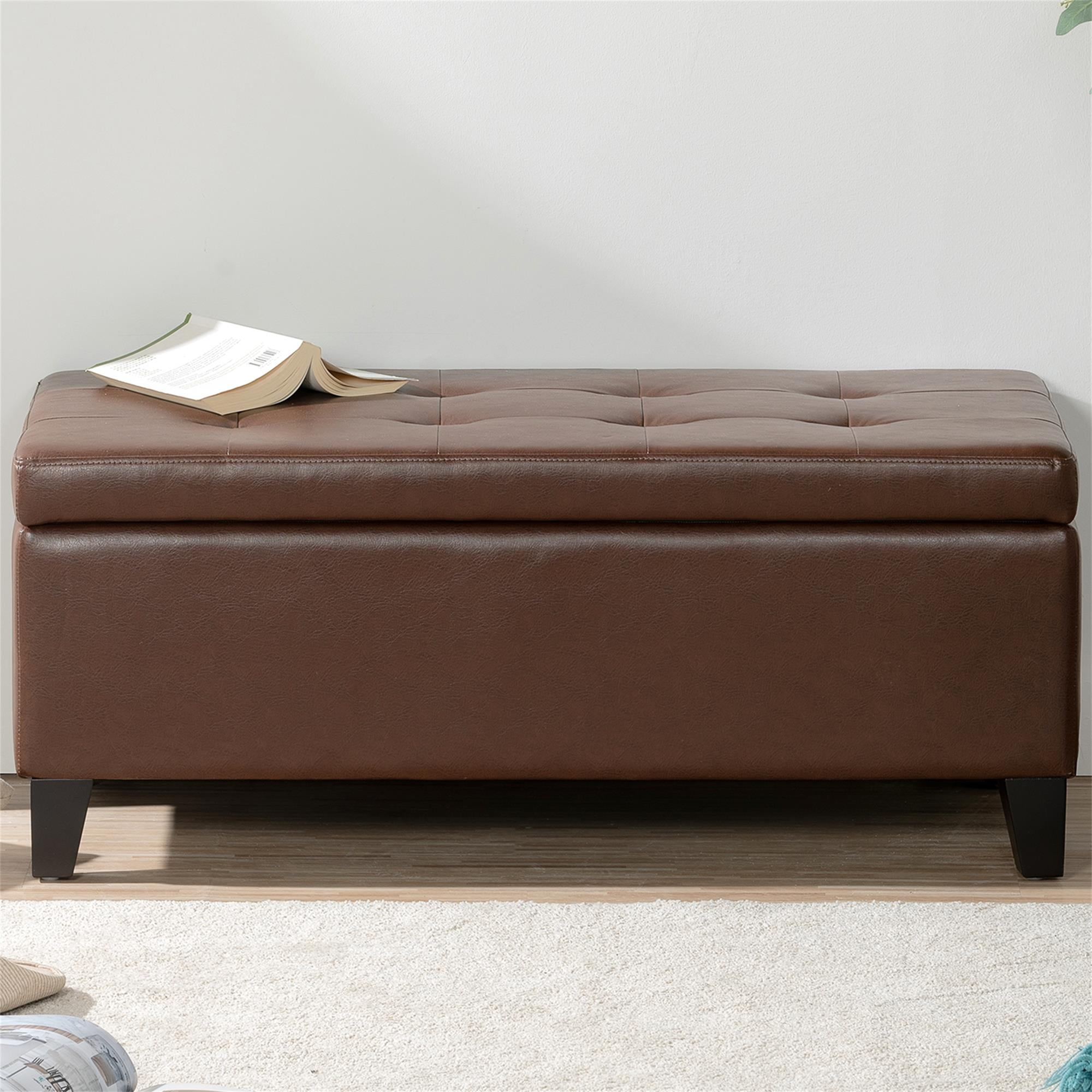 Kadyn 38.4" Storage Ottoman Bench, Folding Bench Chest Foot Rest Stool, End of Bed Bench with Wooden Legs, Brown