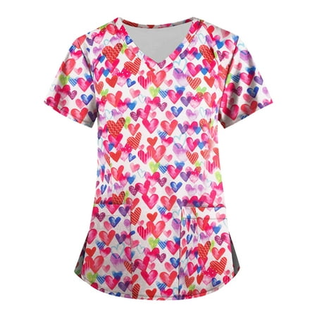 

RPVATI Scrub Tops Women Plus Size Loose Fit V Neck Nursing Uniform Work Tops for Women Office Professional With Pockets Short Sleeve Active Workout Tshirts Heart Print Blouses for Women Hot Pink S
