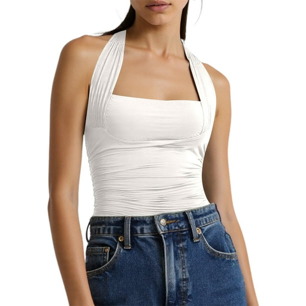 Camiseta sin mangas de color liso para mujer - Blusa informal y sexy para el verano, poliéster/spandex, tallas S-L