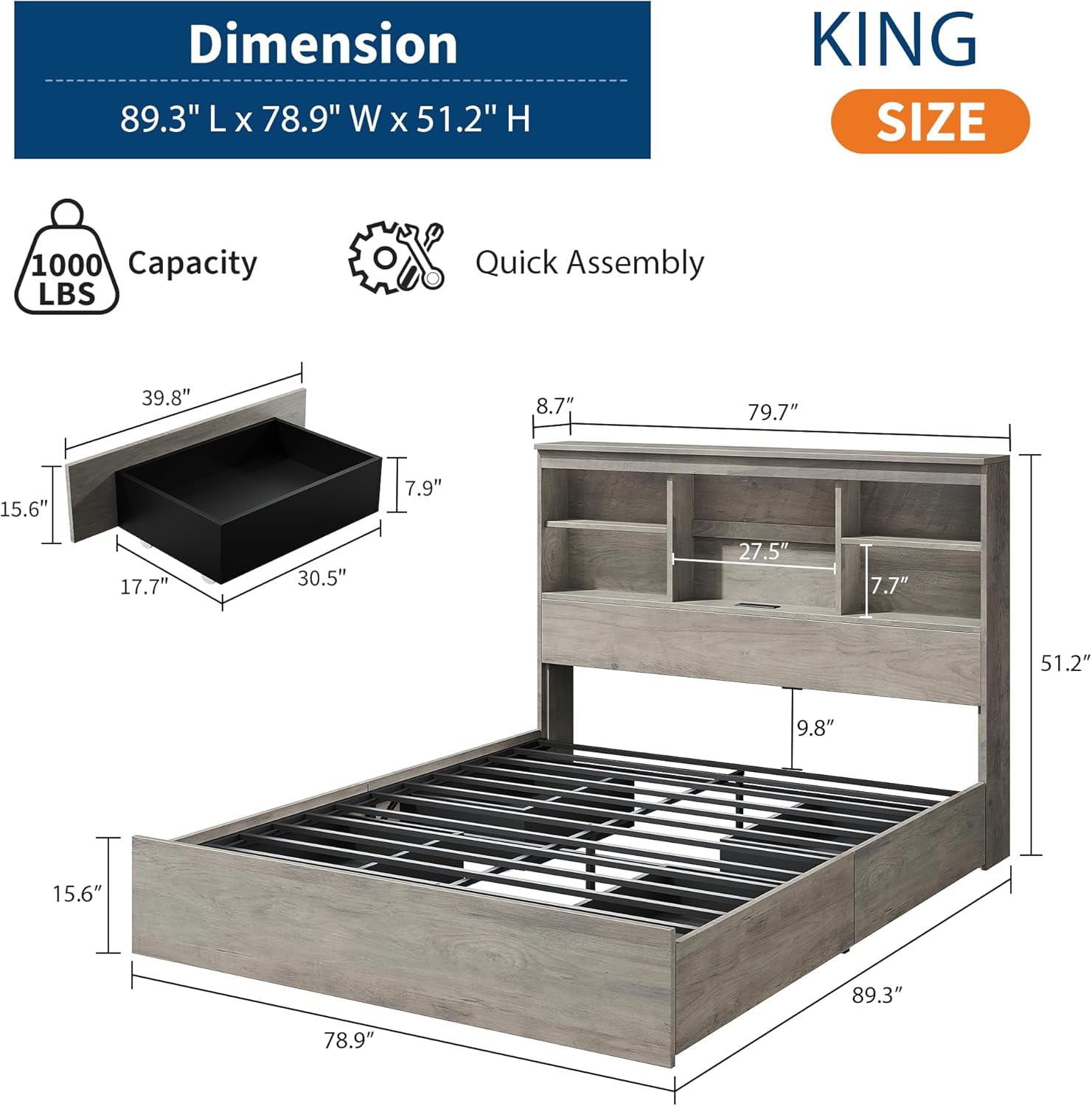 King Size Bed Frame with Storage Headboard, Metal Frame Platform Bed, Built-in Charging Station, No Box Spring Needed, Noise-Free
