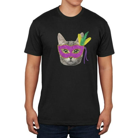Mardi Gras Mask Funny Cat Black Soft Adult T-Shirt