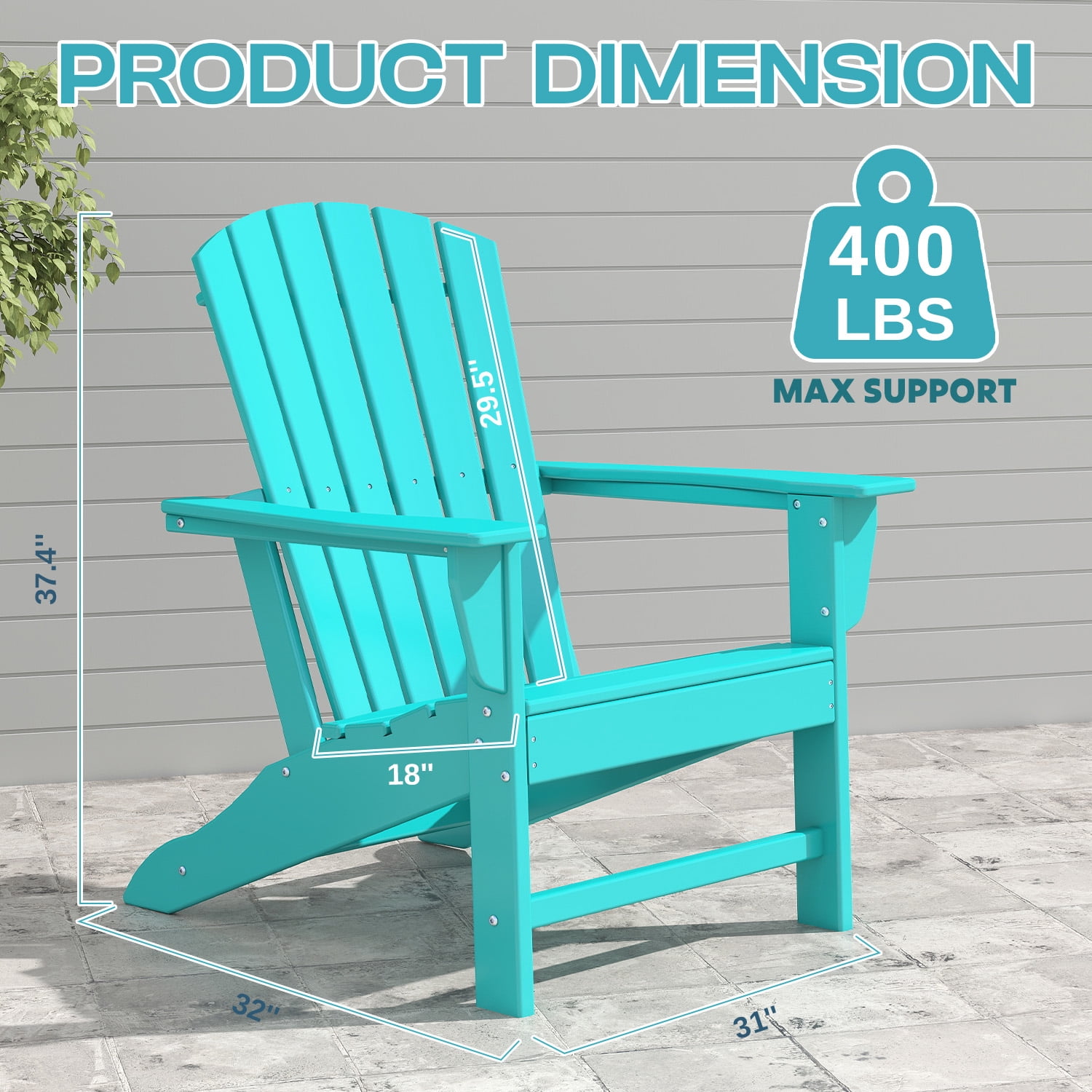 PIPOPA Outdoor Adirondack Chair, HDPE All Weather Patio Chair for Deck Backyard Garden, Aqua