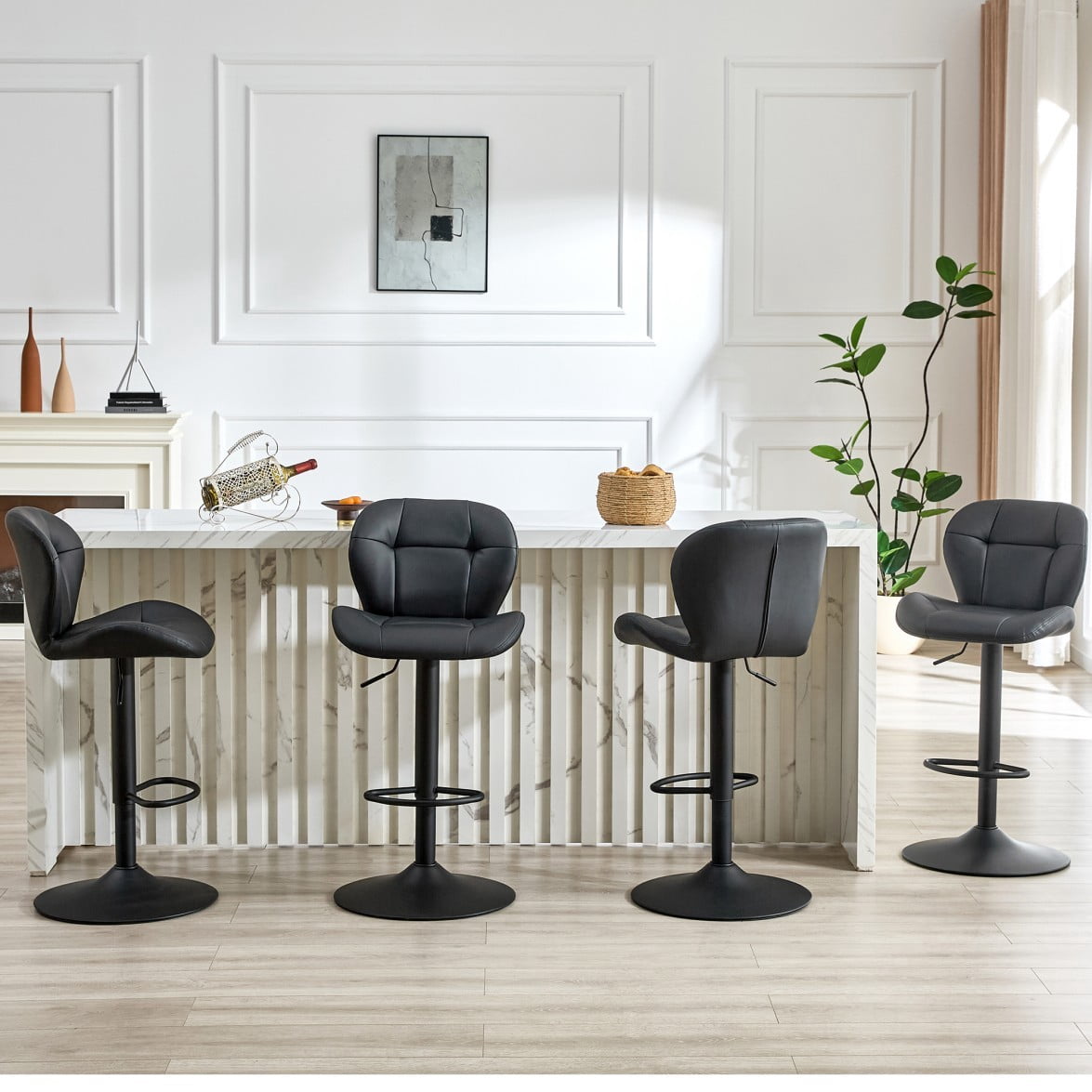 Set of 2 Adjustable Bar Stools, PU Tufted Counter Height Chairs with Metal Base & Footrest for Kitchen Island, Bar & Pub, Black