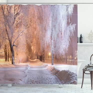 Ambesonne Winter Shower Curtain, Night Scene Frozen Trees, 69"Wx75"L, Salmon White