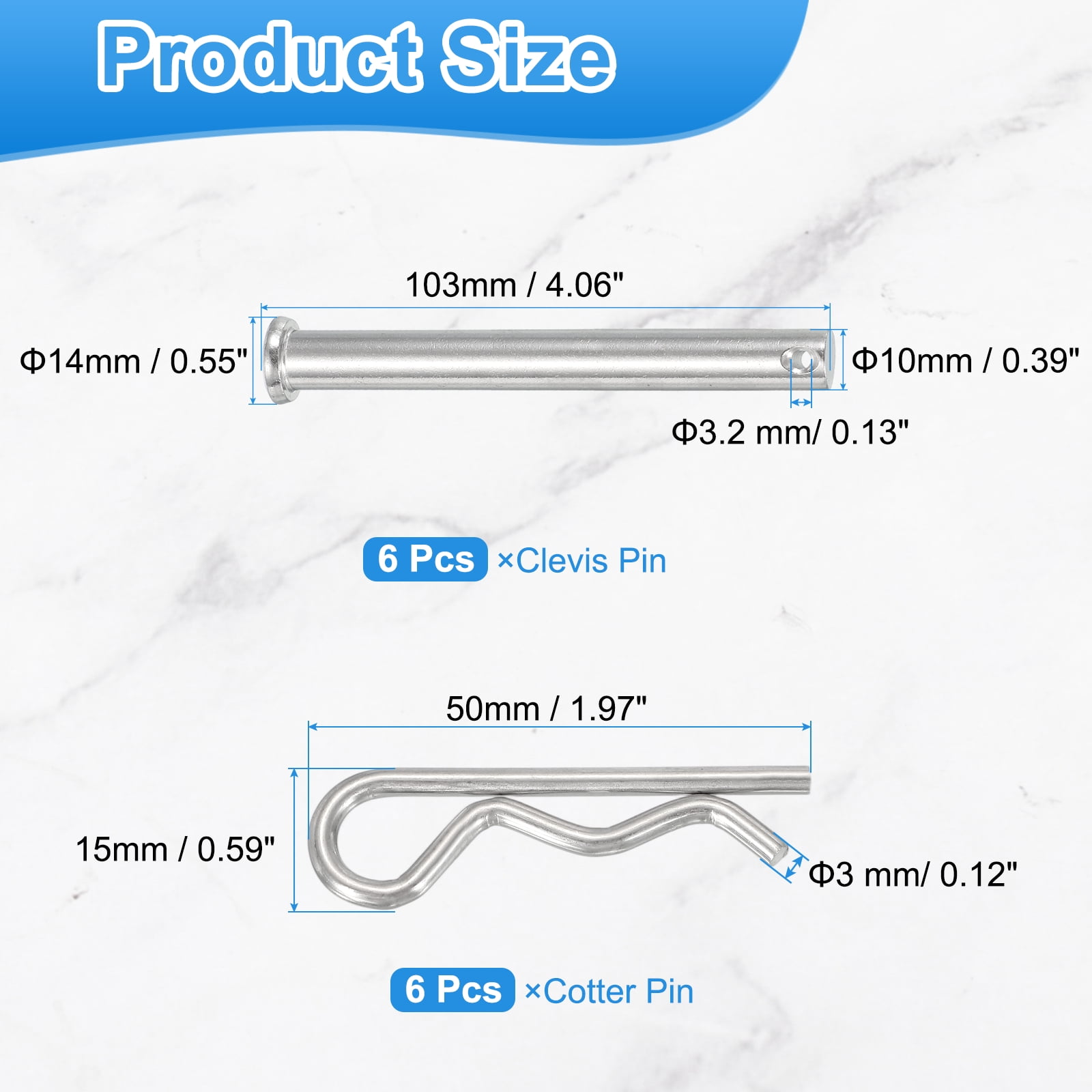 Uxcell 6 Pcs Clevis Pin with R Shaped Spring Cotter M10x100mm Single Hole Clevis Pin with R - Clip Fits for Automotive