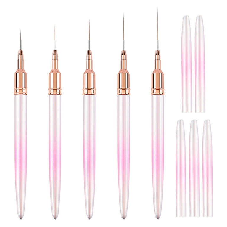 Waroomhouse 5Pcs Nail Art Brush Elongated Lines Thin Details Pink Metal  Handle Nail Art Brush Kit Tools Professional Petal Pen Nail Salon 