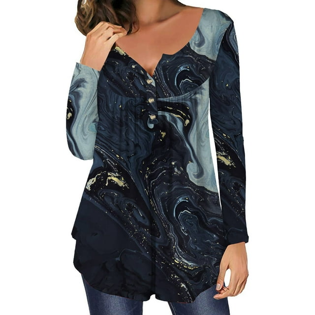 HKEJIAOI Imprimé Graphique à Manches Longues en Polyester Top Plus Size Femmes Boutonné vers le Bas V Cou en Vrac