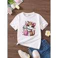 thumbnail image 1 of Camiseta infantil con estampado de gato y té de leche de dibujos animados, camiseta de verano de manga corta para niñas, cómoda camiseta de manga corta con cuello redondo, perfecta para ropa inform, 1 of 6