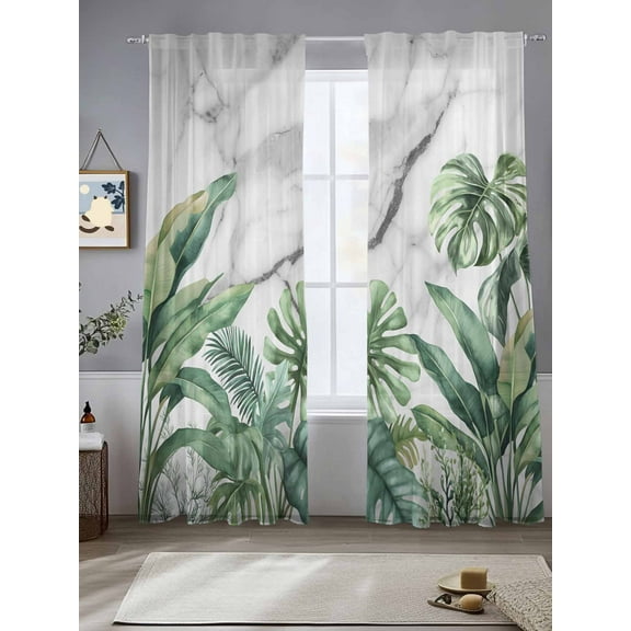 Tropical Palm Leaf Sheer Curtains for Living Room Bedroom Summer Grey Marble Botanical Sheer Curtains 96 Inch Long 2 Panels Set Light Filtering Curtain Window Treatments Drapes for Dining Room