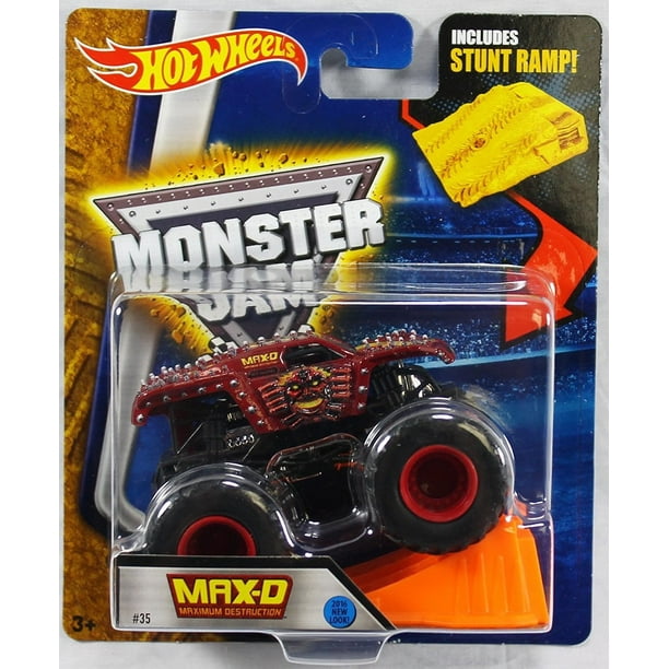 Hot Wheels Monster Jam Max D Maximum Destruction Red 2016 New Look!  Includes Stunt Ramp! #35