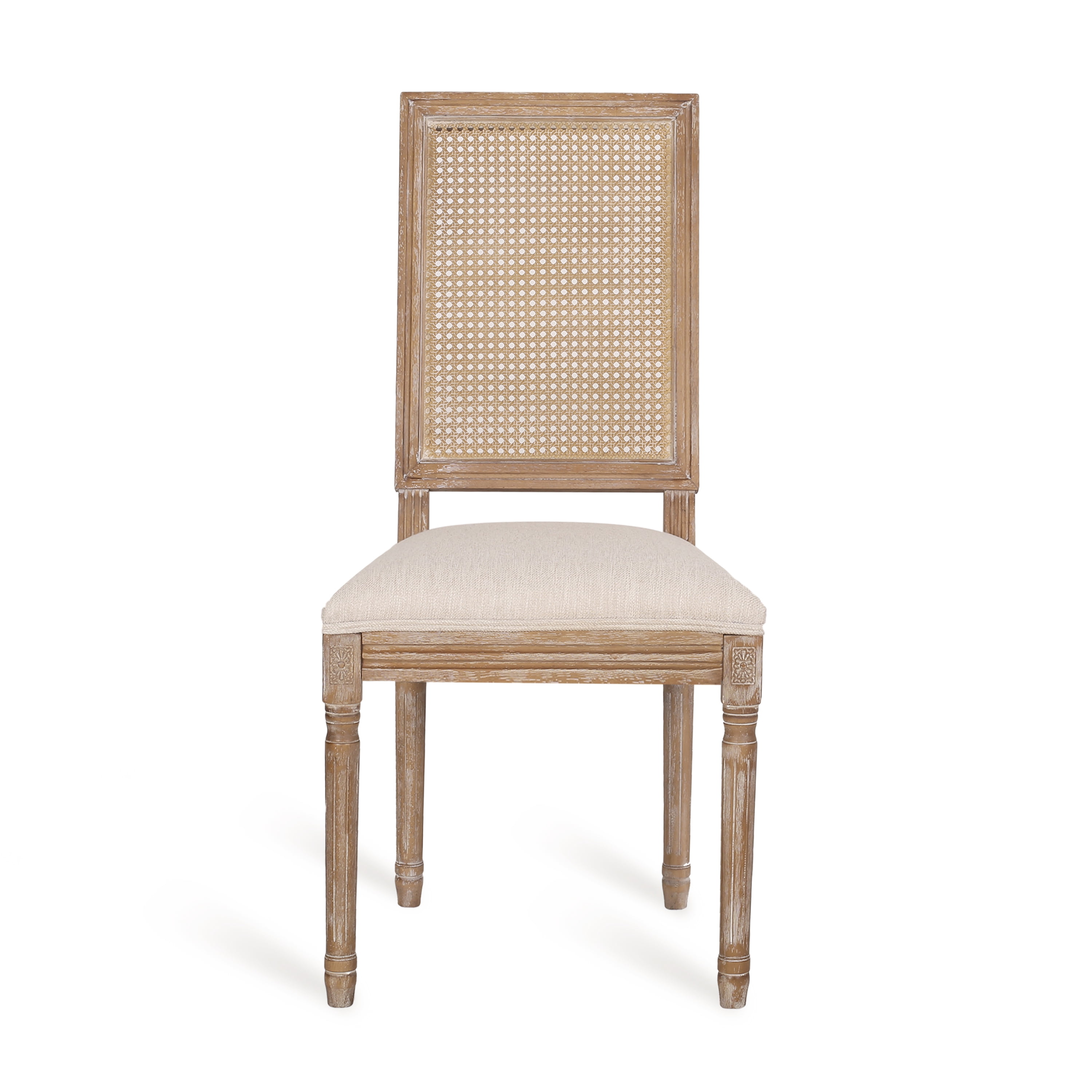 Euroco Set of 2 French Country Dining Chairs with Cane Backrest, Upholstered Seat, and Weathered Rubberwood Frame, Vintage Farmhouse Side Chairs