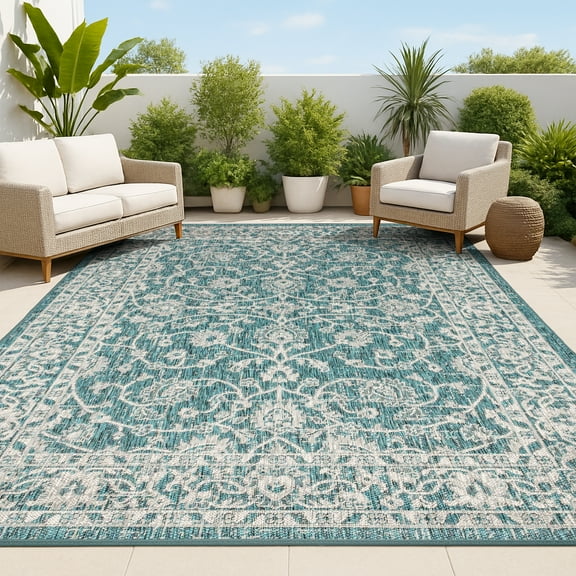 JONATHAN Y SANTA MONICA 3 x 5 Area Rug, Palazzo Vine and Border Textured Weave - Teal/Gray, SMB103B-3