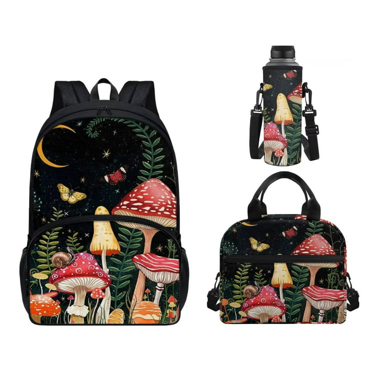 Pzuqiu Aesthetics Mushroom Print School Bags for Kids 17 Inches Polyester  School Backpack Lightweight Shoulder Backpacking Storage 