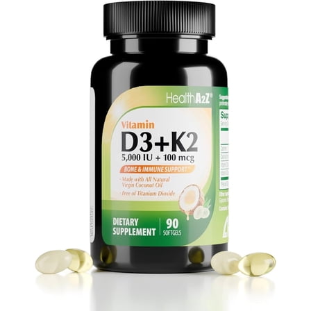 HealthA2Z® Vitamin D3 (5,000 IU)   K2 (MK-7) Made with Virgin Coconut Oil (Natural MCTs) - 90 Softgels