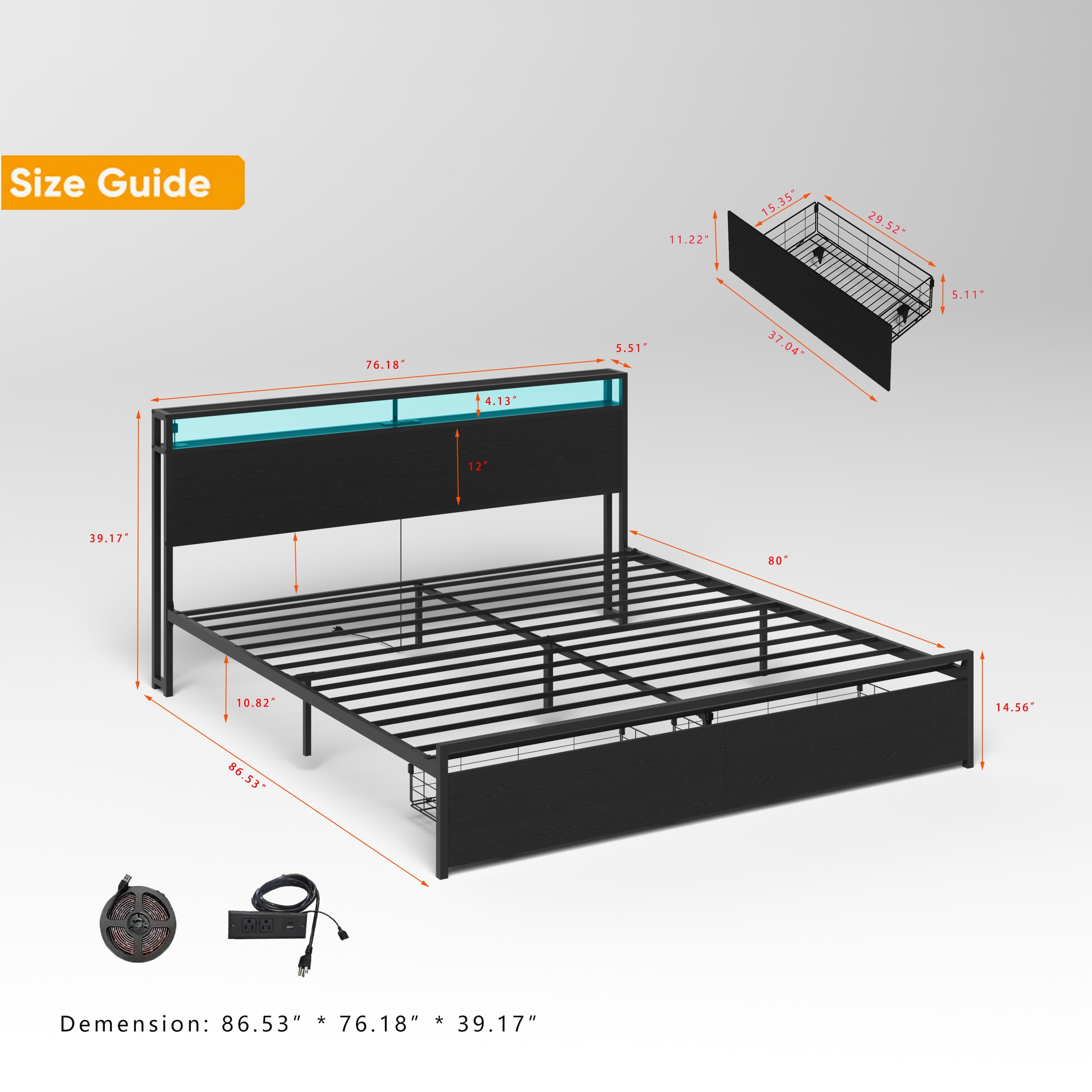 Miniyam King Size Bed with LED Lights, Storage Drawers, USB Charging Headboard for Adult, Black
