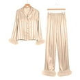 thumbnail image 3 of Vertical Stripes Women Long Sleeves Long Sleeve Sleep Dress for Womens Women Pajamas Set Heart Print Satin Trim Long Sleeve Shirt Pants Set Pajama Sets, 3 of 5