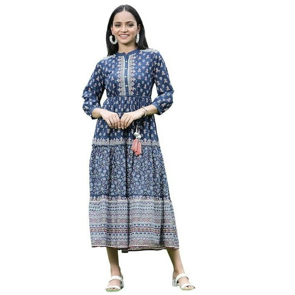 Juniper Indigo Ethnic Motif Printed Pure Cotton Tiered Maxi Dress