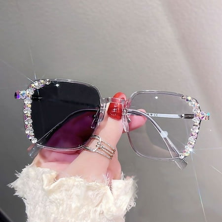 Photochromic Gray Blue Light Blocking Presbyopic Glasses, Oversized Bling Party Reading Glasses 2.75 for Women, Gray Square Readers +2.75