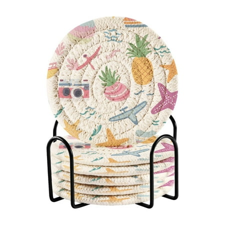 

6-Piece Premium Drink Coaster Set with Holder – Absorbent Cotton Woven Coasters for All Beverages Minimalist Home Decor & Table Protection. Summer Beach