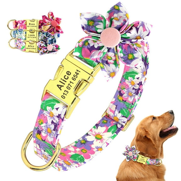 Pet Artist Big Flower Dog Personalized Collar Nylon Customized Pet ID Name Number Engraved S-L