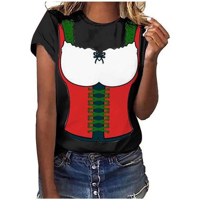 Pompotops Blouse Décontractée Mode Femme Imprimé Oktoberfest Col Rond T-Shirt Blouse Imprimée Tee Liquidation