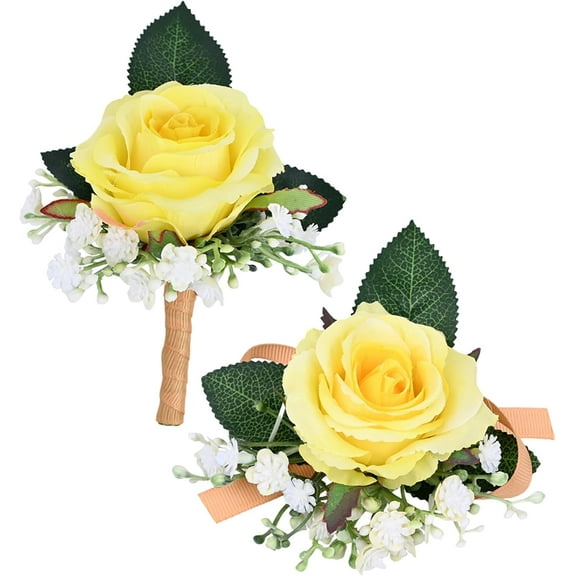 2 Pieces of Yellow Artificial Rose Wrist Corsage Boutonniere Set, Roses Wristlet Band Bracelet, Men Boutonniere for Simulated Flowers Accessories, Wedding Party, Graduation Dancing