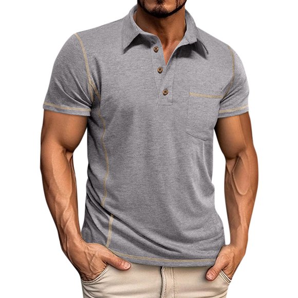 Camiseta de manga corta de primavera para hombre: color liso, costuras a rayas, bolsillo, ropa informal para el día a día, corte regular, tallas S-XXXL.