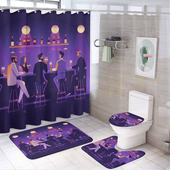 Illustration of People Sitting at Bars 4 Piece Bathroom Shower Curtain Sets with Non-Slip Rugs Toilet Lid Cover And Bath Mat Bathroom Decor Set Retro Mid Century Accent Waterproof Shower Curtain