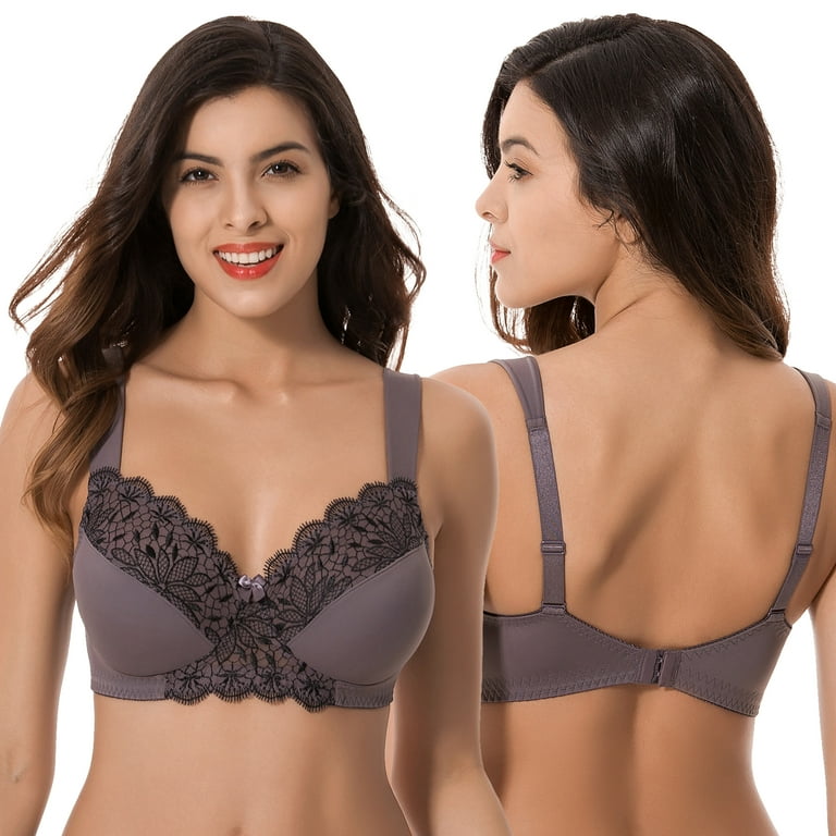 Curve Muse Plus Size Unlined Minimizer Wire Free Bra with Embroidery Lace -3Pack-BURGUNDY,Black,GREY-34DDDD 