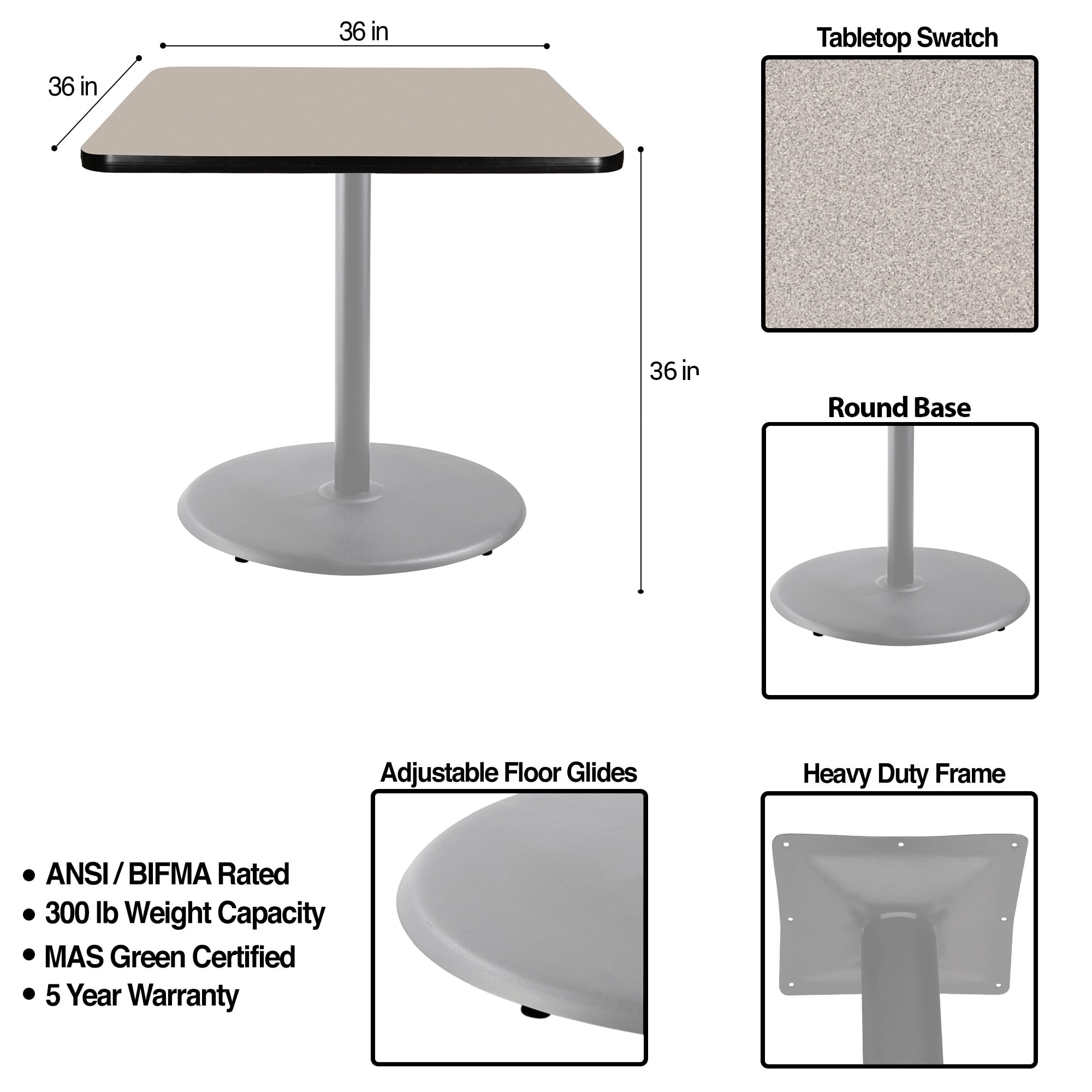 Hampden Furnishings Bennet Collection Steel Frame 36" Square Top, Round Base, 36" Height, Cafe Table Grey Frame/Grey Nebula Top