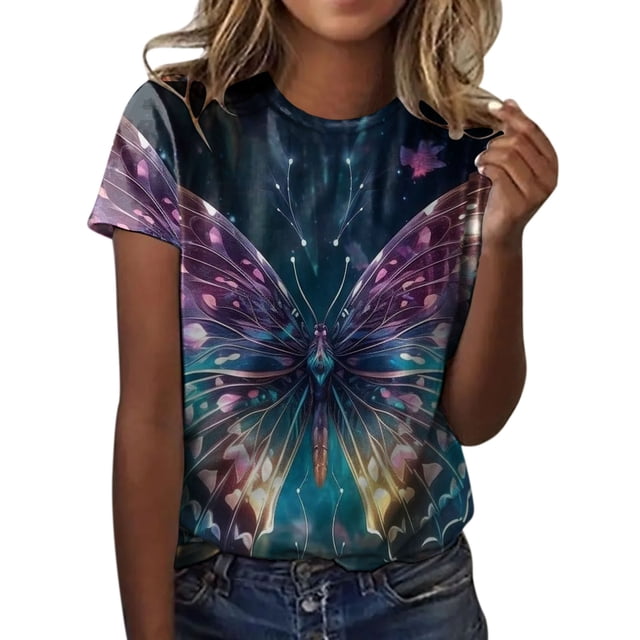 Fvwitlyh Femmes Coton T-Shirts Femmes Mode Col Rond Manches Courtes Vacances d'Été T-Shirts Papillon Impression Blouse Tops Marine, XXL