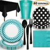 Disposable Tableware, 40 Sets - Caribbean Teal and Midnight Black - Scallop Dinner Plates, Dotted Dessert Plates, Cups, Lunch Napkins, Cutlery, and Tablecloths: Party Supplies Set